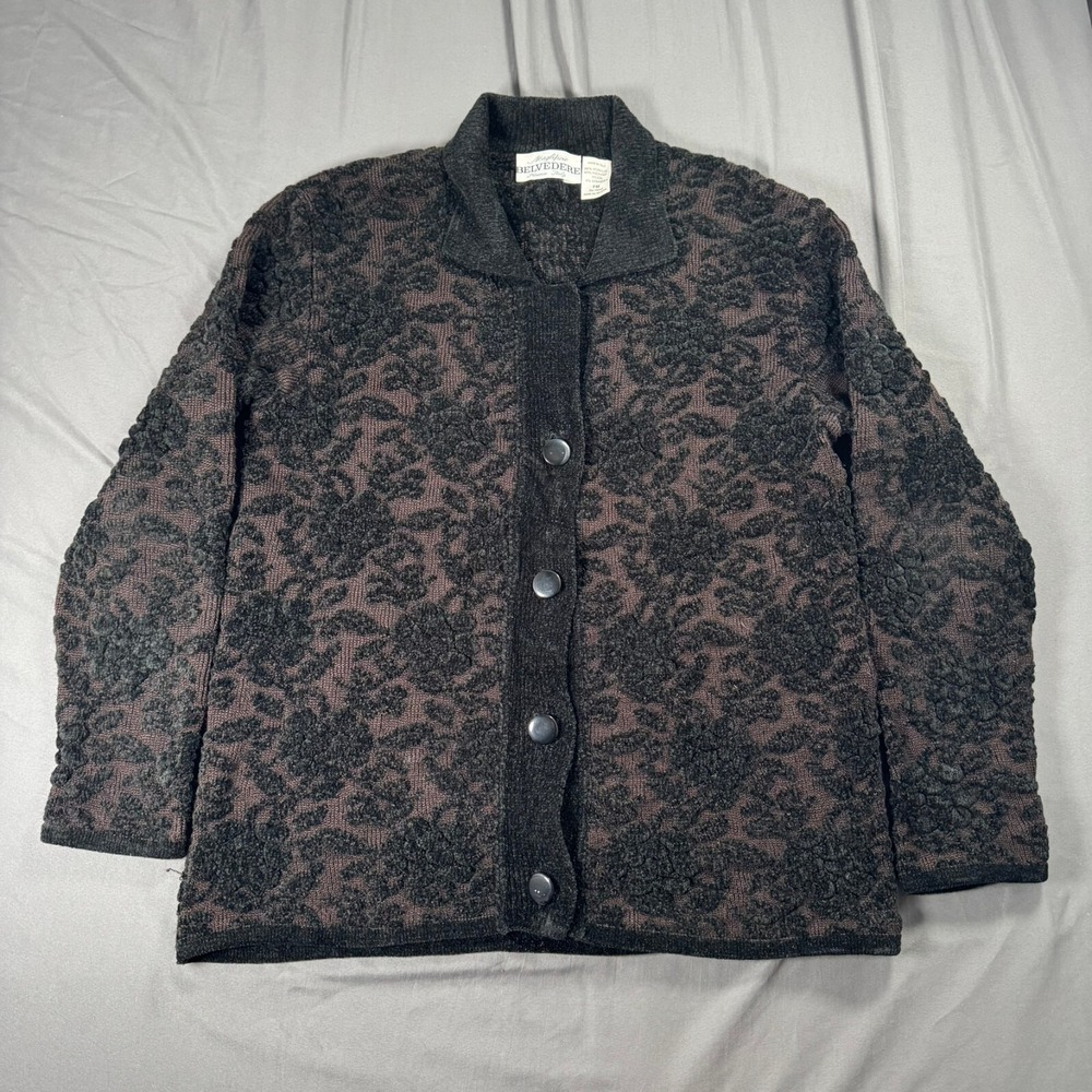 Maglificio Belvedere Cardigan Womens Petite PM Black Floral Merino Wool Blend